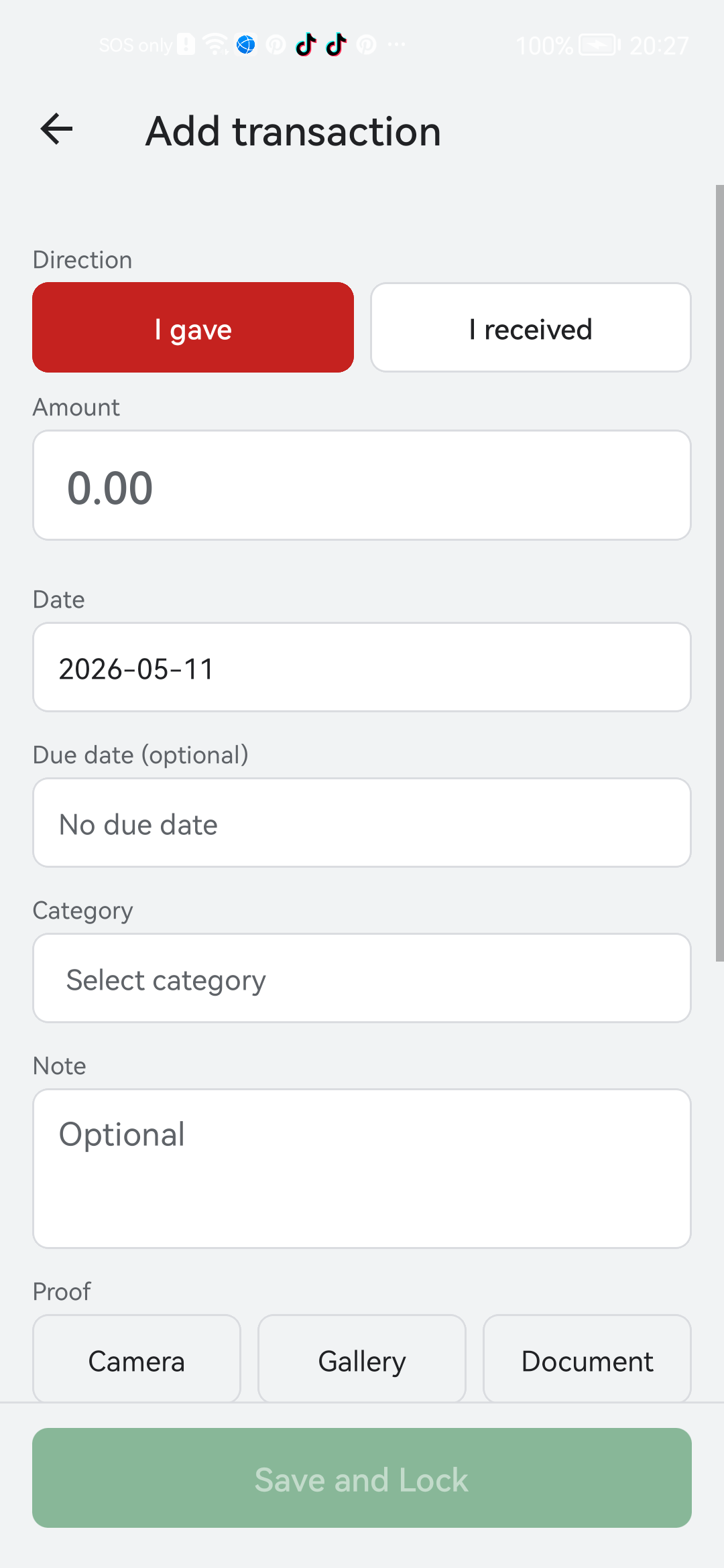 Bexbox Add transaction form with I gave selected, amount, date, due date, category, note, proof, Save and Lock