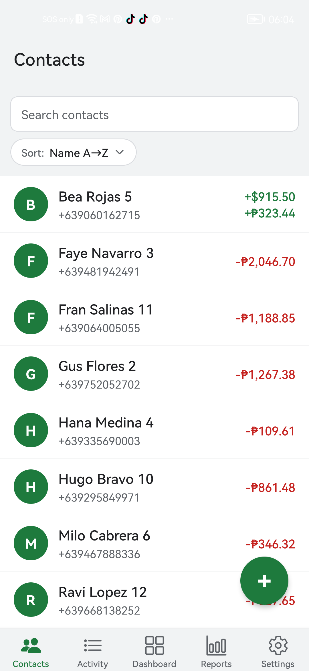 Contacts list with running balances per person