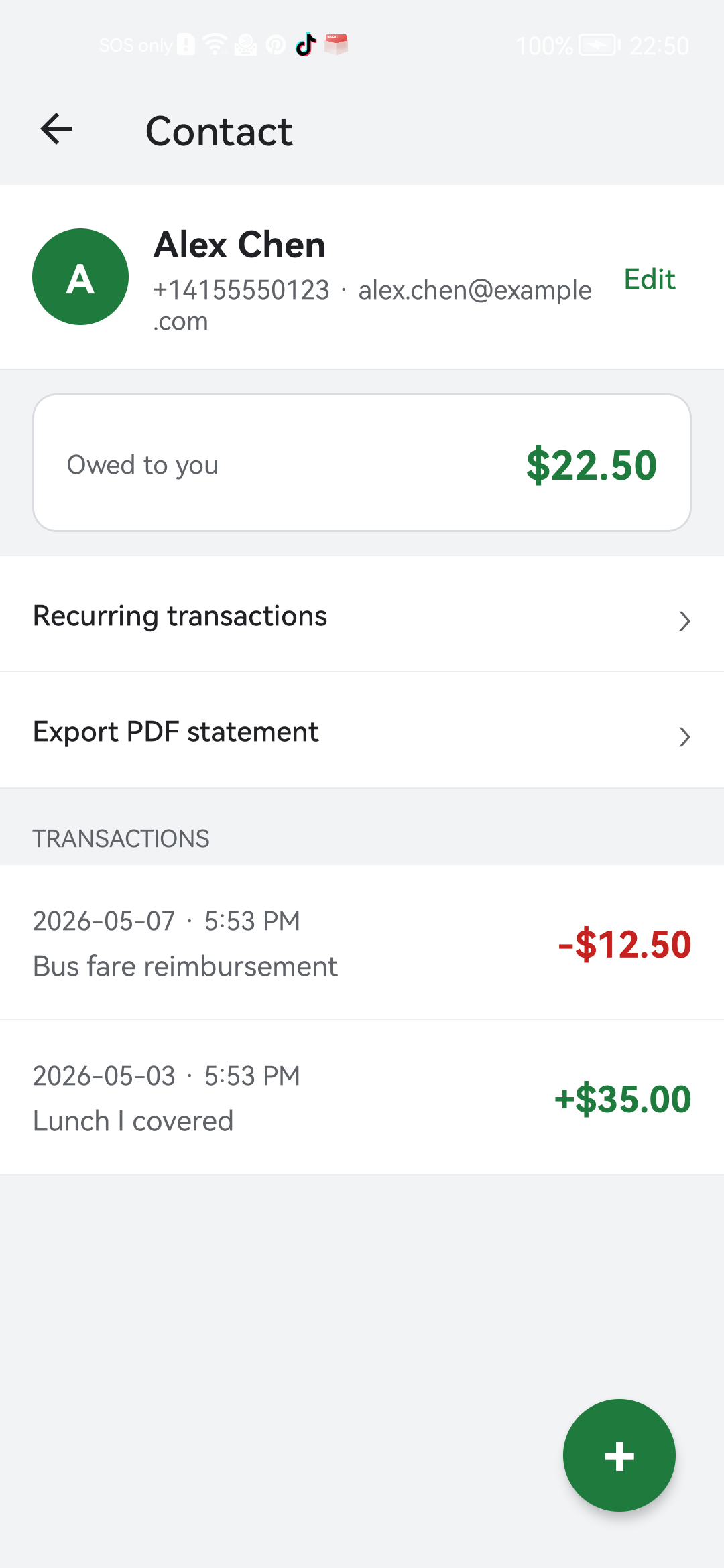 Contact detail with transactions and attached proof